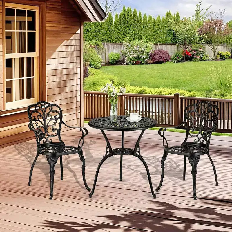 3-Piece Outdoor Bistro Set, All-Weather Cast Aluminum Patio Table+Chairs w/Umbrella Hole for Yard, Garden, Balcony, and Poolside Use