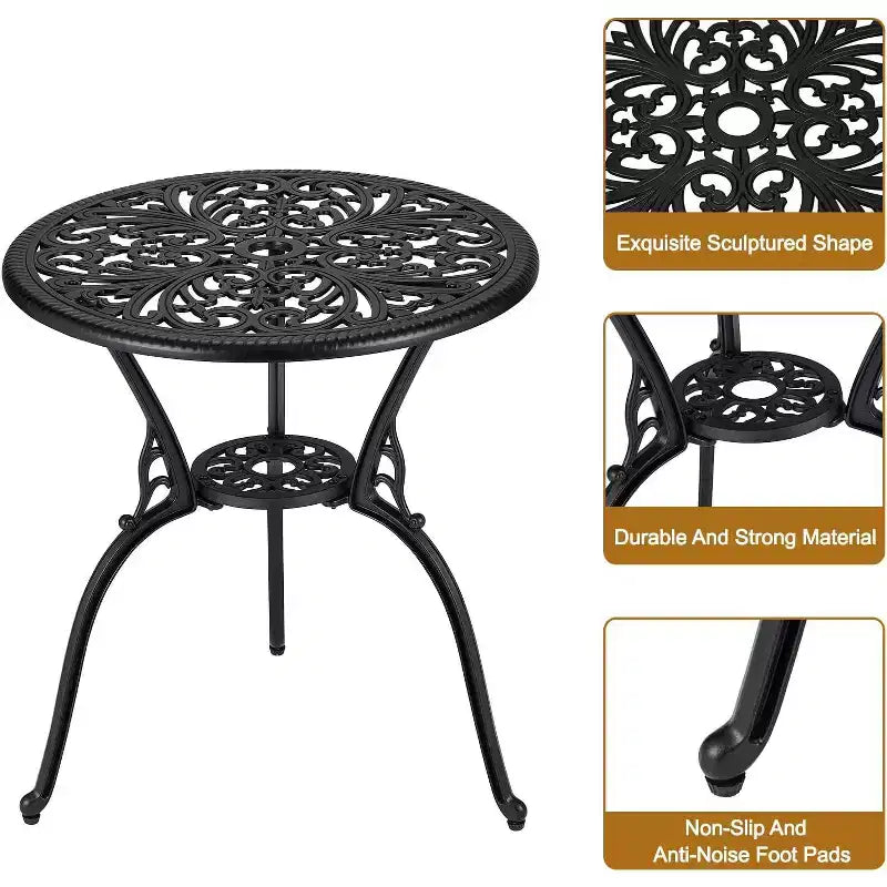 3-Piece Outdoor Bistro Set, All-Weather Cast Aluminum Patio Table+Chairs w/Umbrella Hole for Yard, Garden, Balcony, and Poolside Use