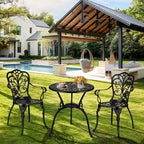 3-Piece Outdoor Bistro Set, All-Weather Cast Aluminum Patio Table+Chairs w/Umbrella Hole for Yard, Garden, Balcony, and Poolside Use
