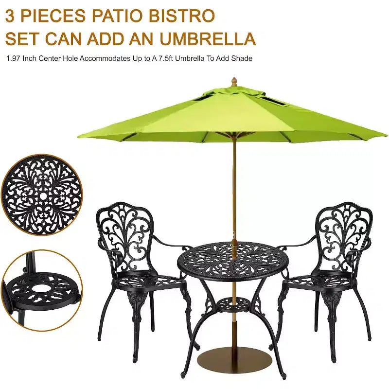 3-Piece Outdoor Bistro Set, All-Weather Cast Aluminum Patio Table+Chairs w/Umbrella Hole for Yard, Garden, Balcony, and Poolside Use