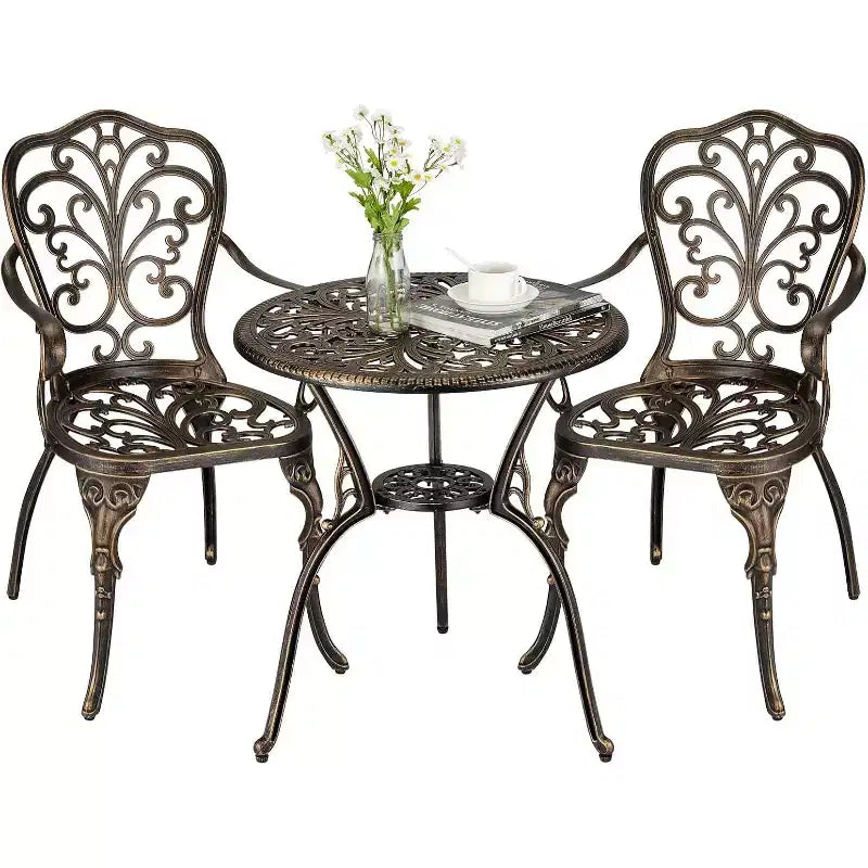 3-Piece Outdoor Bistro Set, All-Weather Cast Aluminum Patio Table+Chairs w/Umbrella Hole for Yard, Garden, Balcony, and Poolside Use