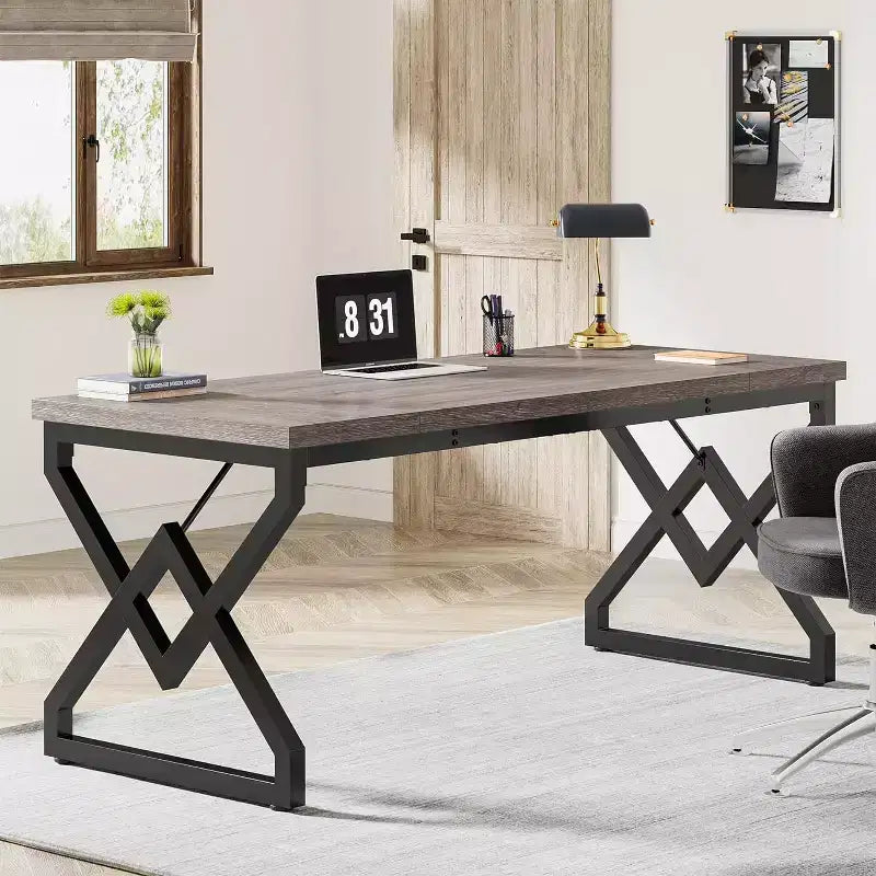 Lantine 62.99 Inch Executive Desk, Large Office Computer Desk with Extra Thick Wooden Tabletop and Metal Frame