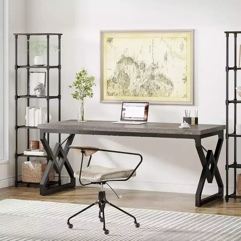Lantine 62.99 Inch Executive Desk, Large Office Computer Desk with Extra Thick Wooden Tabletop and Metal Frame