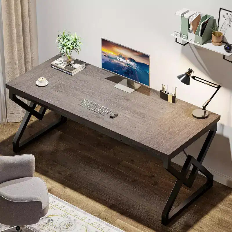 Lantine 62.99 Inch Executive Desk, Large Office Computer Desk with Extra Thick Wooden Tabletop and Metal Frame