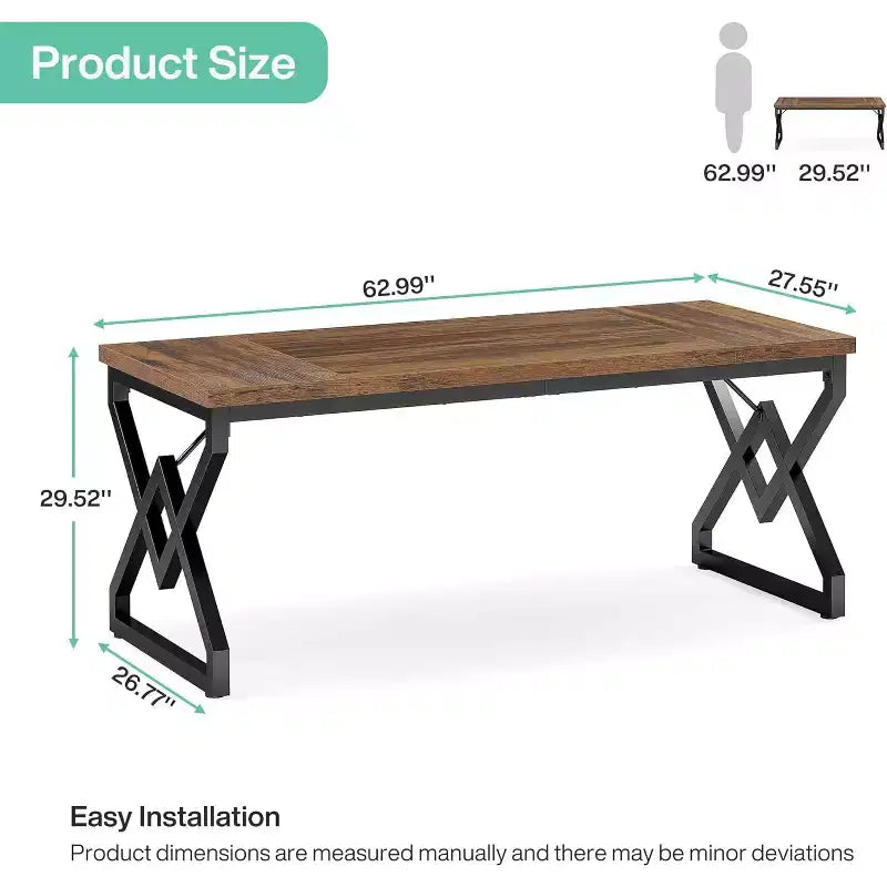 Lantine 62.99 Inch Executive Desk, Large Office Computer Desk with Extra Thick Wooden Tabletop and Metal Frame