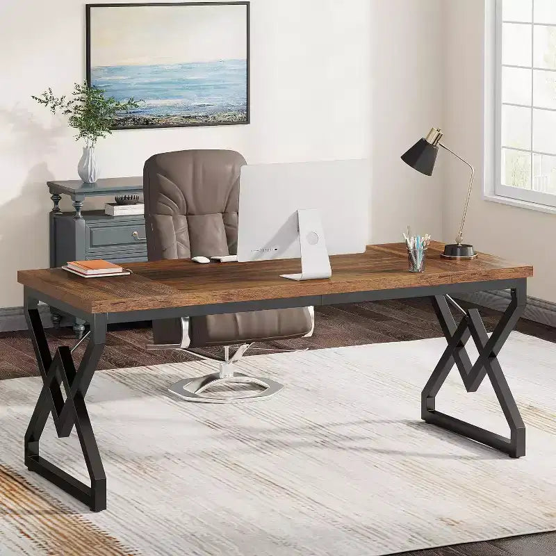 Lantine 62.99 Inch Executive Desk, Large Office Computer Desk with Extra Thick Wooden Tabletop and Metal Frame