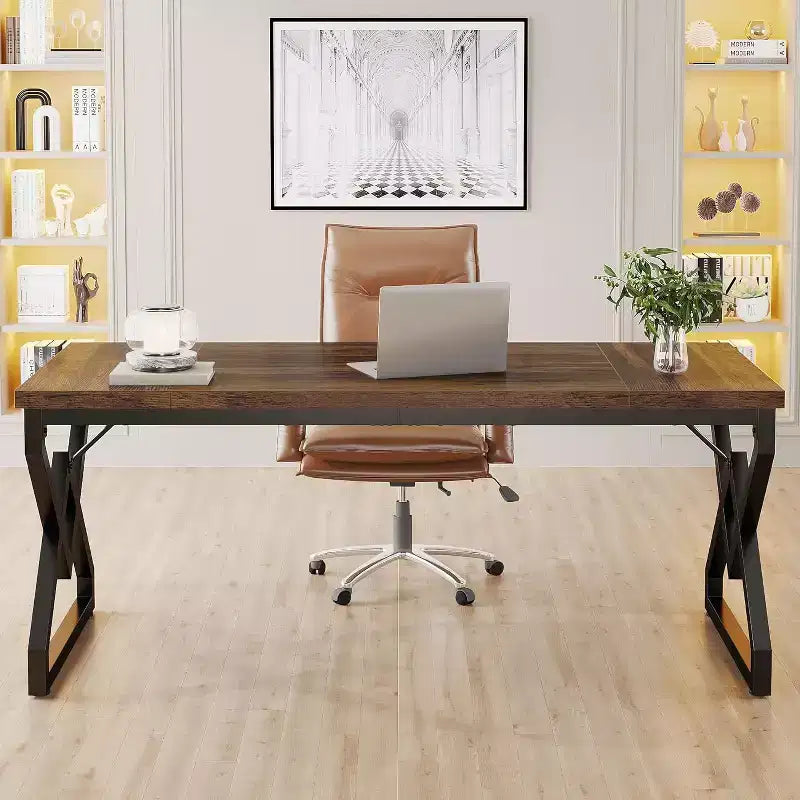 Lantine 62.99 Inch Executive Desk, Large Office Computer Desk with Extra Thick Wooden Tabletop and Metal Frame