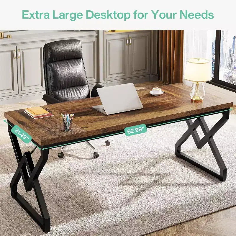 Lantine 62.99 Inch Executive Desk, Large Office Computer Desk with Extra Thick Wooden Tabletop and Metal Frame