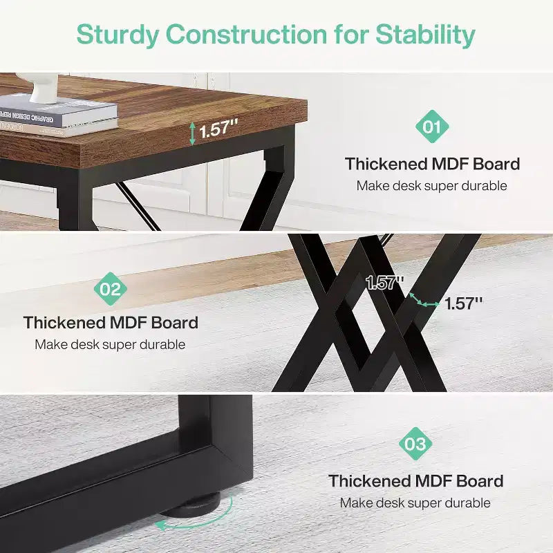 Lantine 62.99 Inch Executive Desk, Large Office Computer Desk with Extra Thick Wooden Tabletop and Metal Frame