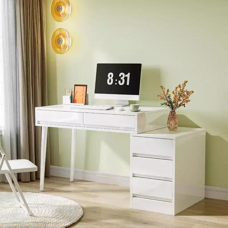 Lantine White Desk with 5 Drawers, Modern Home Office Desk with Storage Drawers and Printer Stand