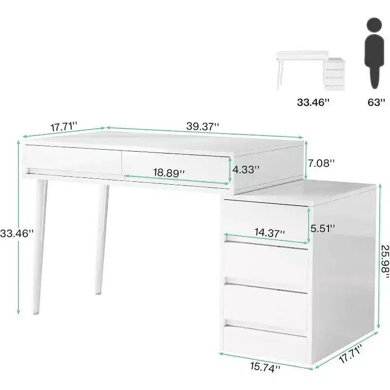 Lantine White Desk with 5 Drawers, Modern Home Office Desk with Storage Drawers and Printer Stand