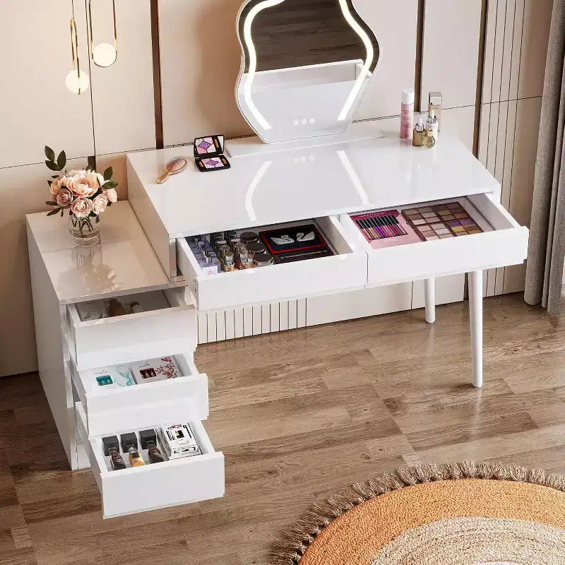 Lantine White Desk with 5 Drawers, Modern Home Office Desk with Storage Drawers and Printer Stand