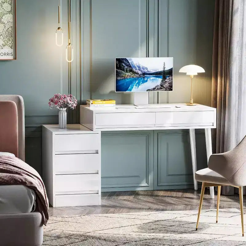 Lantine White Desk with 5 Drawers, Modern Home Office Desk with Storage Drawers and Printer Stand