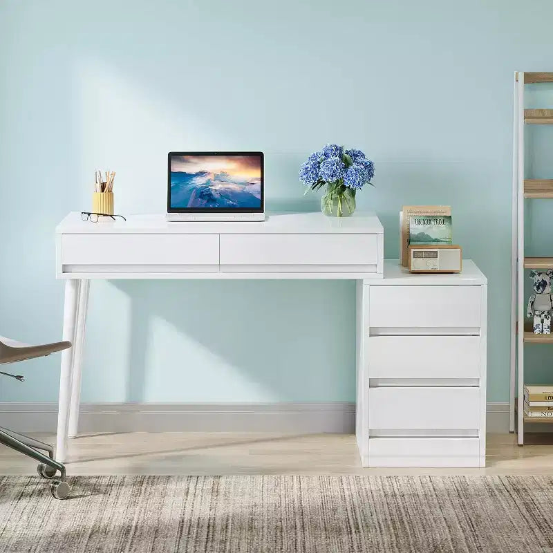 Lantine White Desk with 5 Drawers, Modern Home Office Desk with Storage Drawers and Printer Stand