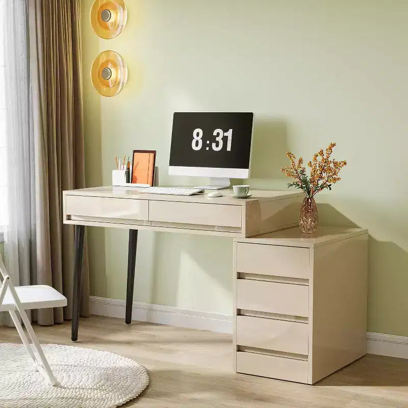 Lantine White Desk with 5 Drawers, Modern Home Office Desk with Storage Drawers and Printer Stand