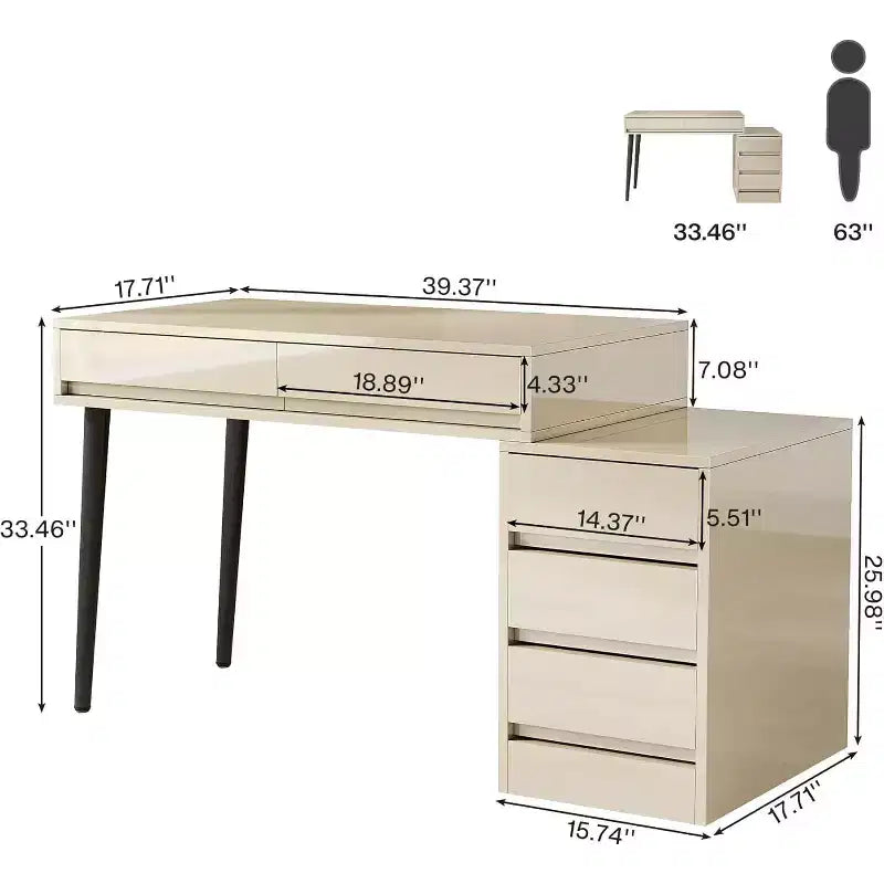 Lantine White Desk with 5 Drawers, Modern Home Office Desk with Storage Drawers and Printer Stand