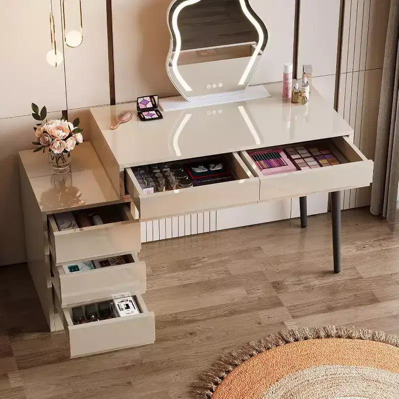 Lantine White Desk with 5 Drawers, Modern Home Office Desk with Storage Drawers and Printer Stand