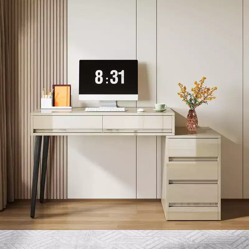 Lantine White Desk with 5 Drawers, Modern Home Office Desk with Storage Drawers and Printer Stand