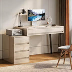 Lantine White Desk with 5 Drawers, Modern Home Office Desk with Storage Drawers and Printer Stand