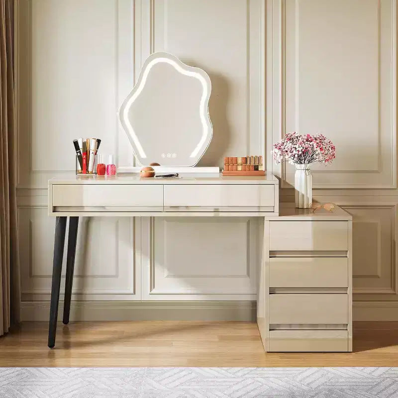 Lantine White Desk with 5 Drawers, Modern Home Office Desk with Storage Drawers and Printer Stand