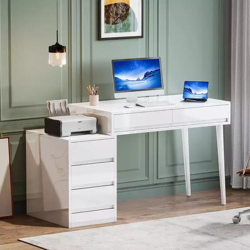 Lantine White Desk with 5 Drawers, Modern Home Office Desk with Storage Drawers and Printer Stand