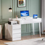 Lantine White Desk with 5 Drawers, Modern Home Office Desk with Storage Drawers and Printer Stand