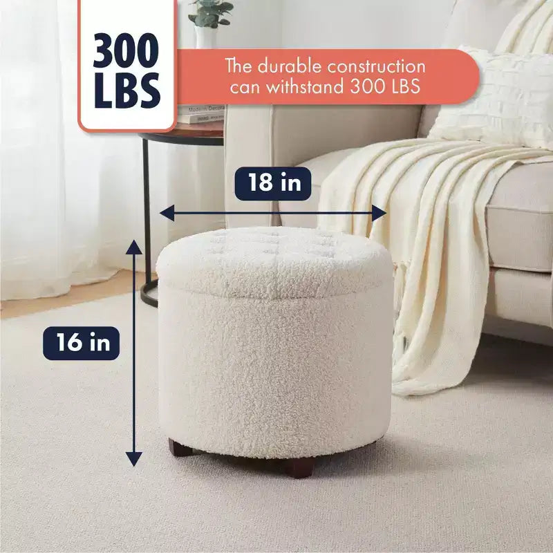 Ornavo Home Donovan Round Tufted Boucle Storage Ottoman - White