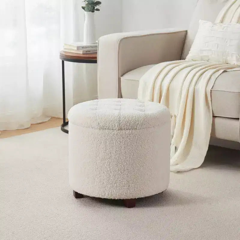 Ornavo Home Donovan Round Tufted Boucle Storage Ottoman - White
