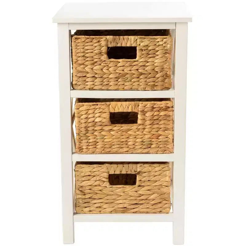 eHemco 3 Tier X-Side End Table Side Table Storage Cabinet with 3 Natural Water Hyacinth Wicker Baskets