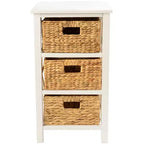 eHemco 3 Tier X-Side End Table Side Table Storage Cabinet with 3 Natural Water Hyacinth Wicker Baskets