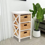 eHemco 3 Tier X-Side End Table Side Table Storage Cabinet with 3 Natural Water Hyacinth Wicker Baskets