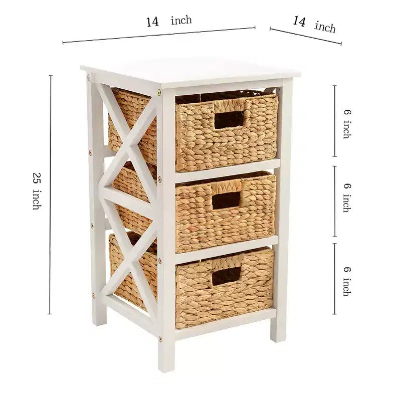 eHemco 3 Tier X-Side End Table Side Table Storage Cabinet with 3 Natural Water Hyacinth Wicker Baskets