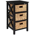 eHemco 3 Tier X-Side End Table Side Table Storage Cabinet with 3 Natural Water Hyacinth Wicker Baskets
