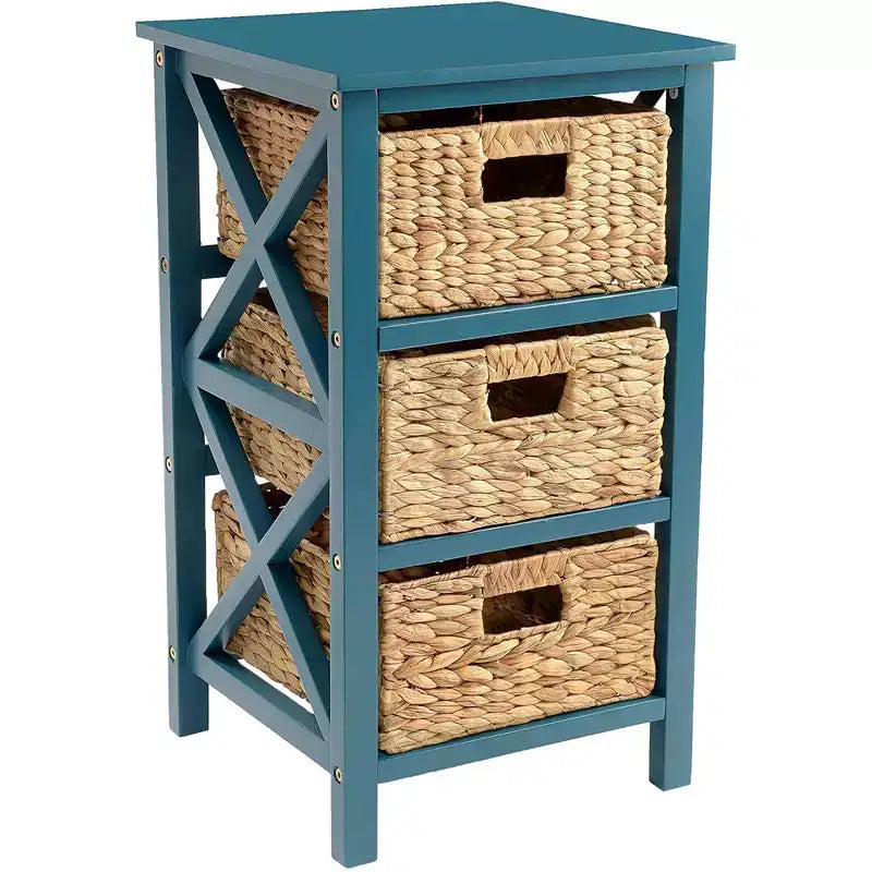 eHemco 3 Tier X-Side End Table Side Table Storage Cabinet with 3 Natural Water Hyacinth Wicker Baskets