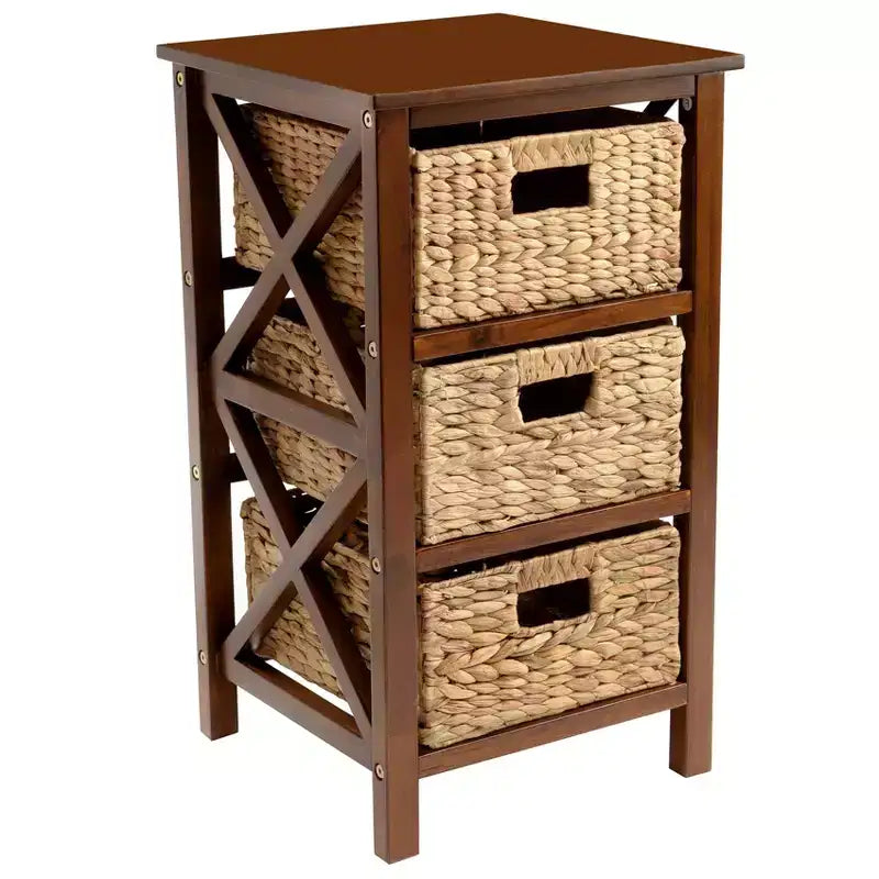 eHemco 3 Tier X-Side End Table Side Table Storage Cabinet with 3 Natural Water Hyacinth Wicker Baskets