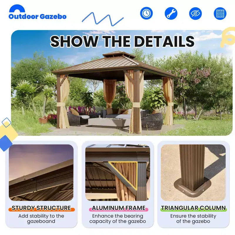 EROMMY Aluminum Patio Gazebo, Hardtop Gazebo With Galvanized Steel Roof And Aluminum Frame