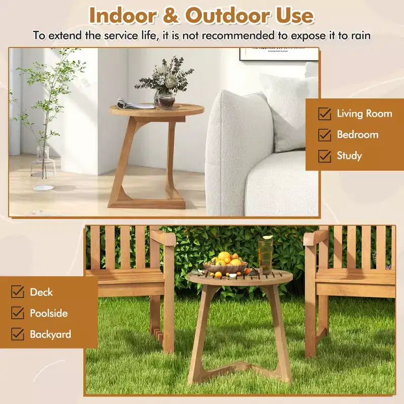 Costway 1/2 PCS Teak Wood Side Table Round Sofa End Table with Slatted Tabletop Nightstand
