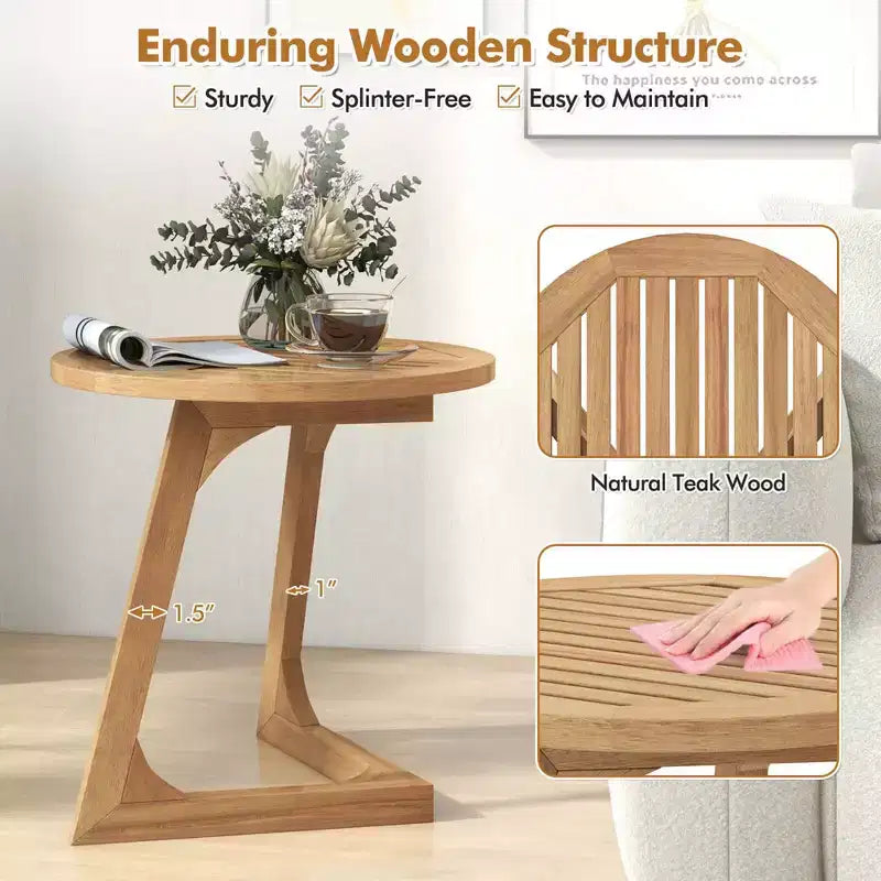 Costway 1/2 PCS Teak Wood Side Table Round Sofa End Table with Slatted Tabletop Nightstand