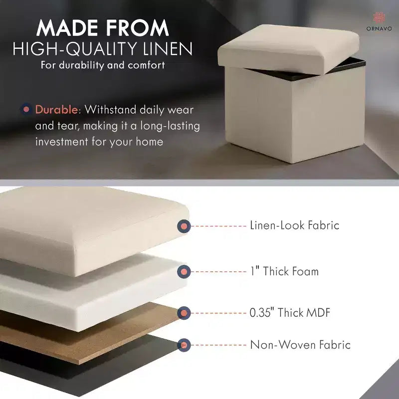 Ornavo Home Collapsible Square Small Storage Ottoman - 12 Inch