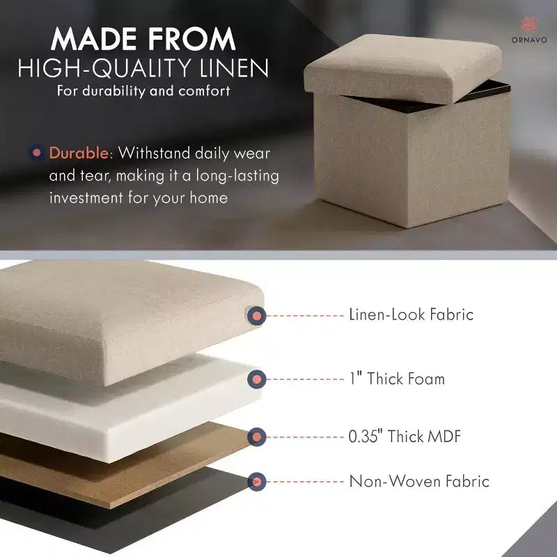 Ornavo Home Collapsible Square Small Storage Ottoman - 12 Inch