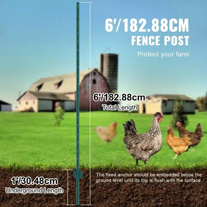 VEVOR 6 Feet Fence Post, 10 Pack T-Post Heavy Duty Metal Fence Posts, Sturdy Steel Fence Stakes for Garden Yard,Lawn,Farms and Outdoor Wire Fencing