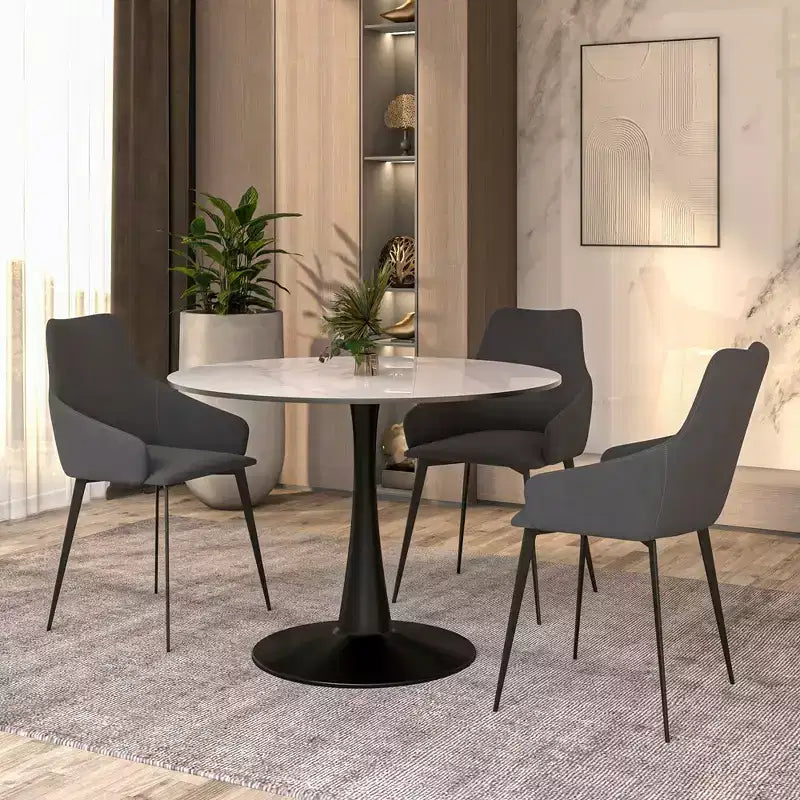 LeisureMod Bristol 40 Round Dining Table  Sintered Stone Top Accent Caf Table & Sturdy Steel Black Pedestal Base for Kitchen and Small Spaces