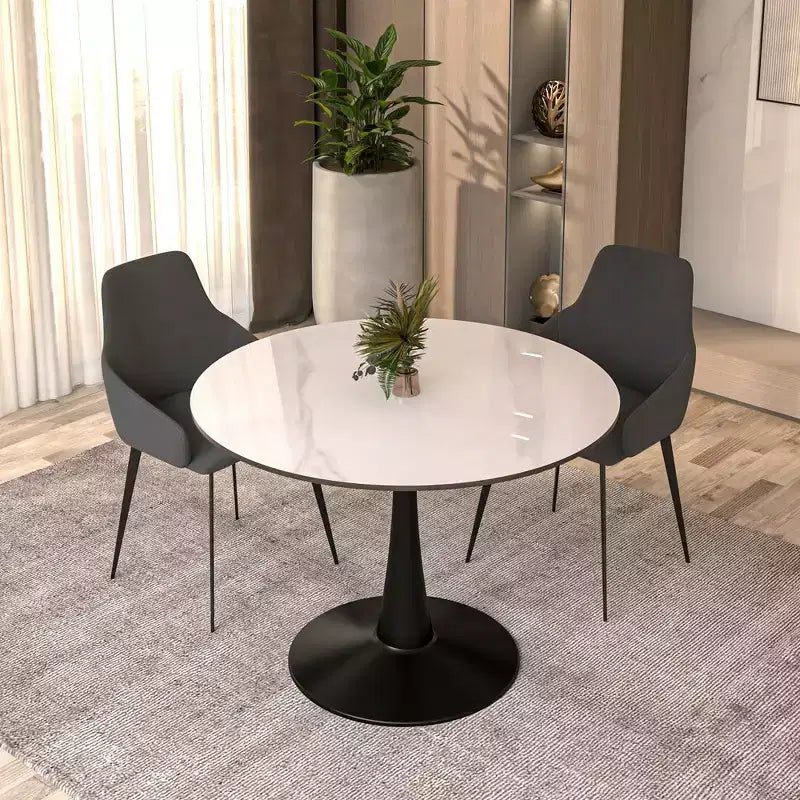 LeisureMod Bristol 40 Round Dining Table  Sintered Stone Top Accent Caf Table & Sturdy Steel Black Pedestal Base for Kitchen and Small Spaces