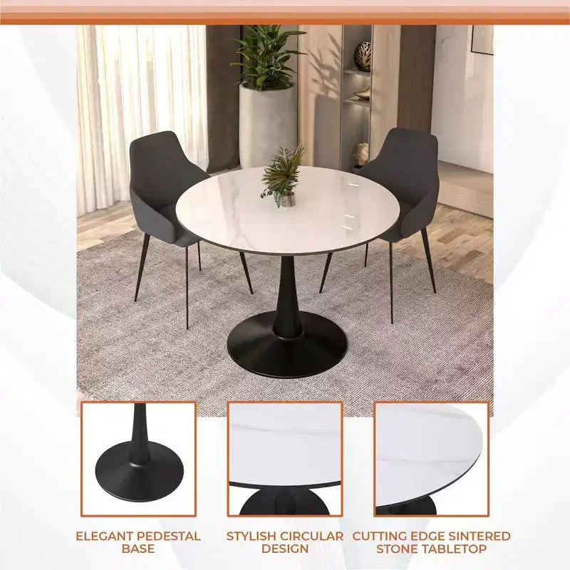 LeisureMod Bristol 40 Round Dining Table  Sintered Stone Top Accent Caf Table & Sturdy Steel Black Pedestal Base for Kitchen and Small Spaces