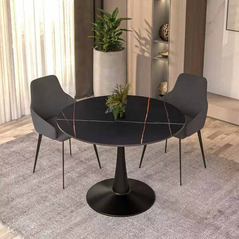 LeisureMod Bristol 40 Round Dining Table  Sintered Stone Top Accent Caf Table & Sturdy Steel Black Pedestal Base for Kitchen and Small Spaces