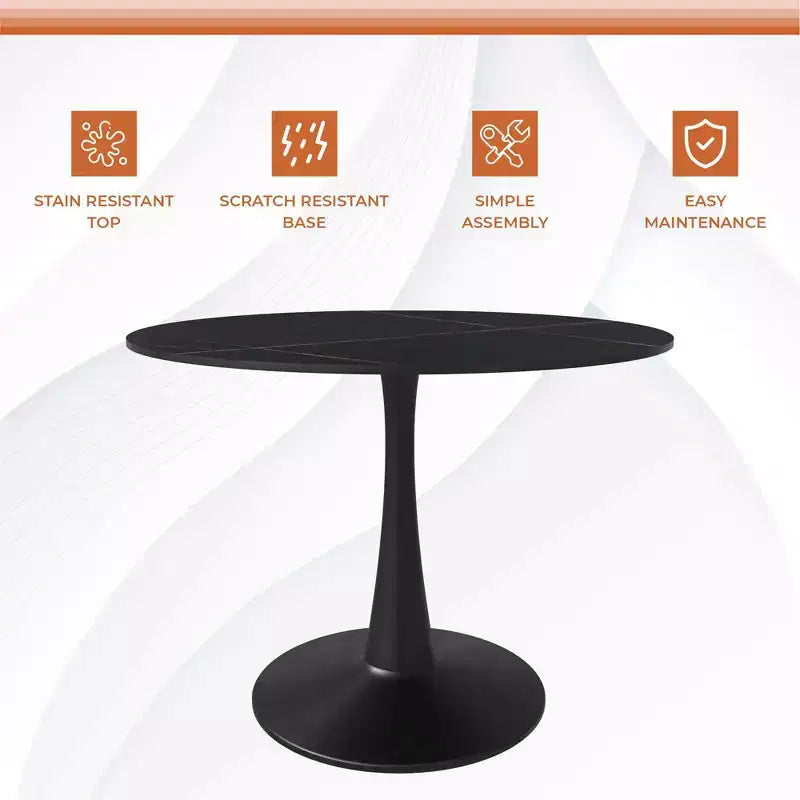 LeisureMod Bristol 40 Round Dining Table  Sintered Stone Top Accent Caf Table & Sturdy Steel Black Pedestal Base for Kitchen and Small Spaces