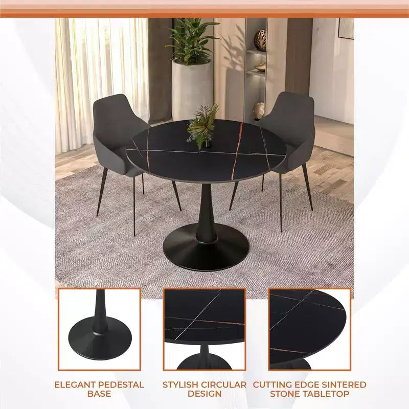 LeisureMod Bristol 40 Round Dining Table  Sintered Stone Top Accent Caf Table & Sturdy Steel Black Pedestal Base for Kitchen and Small Spaces