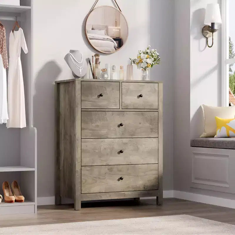 Garvee 5 Drawer Dresser for Bedroom, Modern Tall Dresser Organizer with Storage Drawers, Wooden Chests of Drawers for Bedroom, Entryway, Hallway