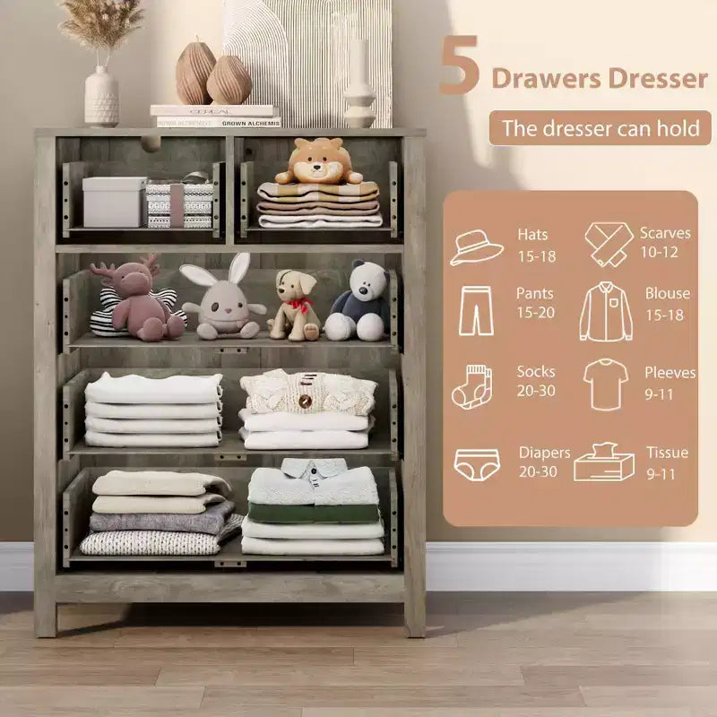 Garvee 5 Drawer Dresser for Bedroom, Modern Tall Dresser Organizer with Storage Drawers, Wooden Chests of Drawers for Bedroom, Entryway, Hallway