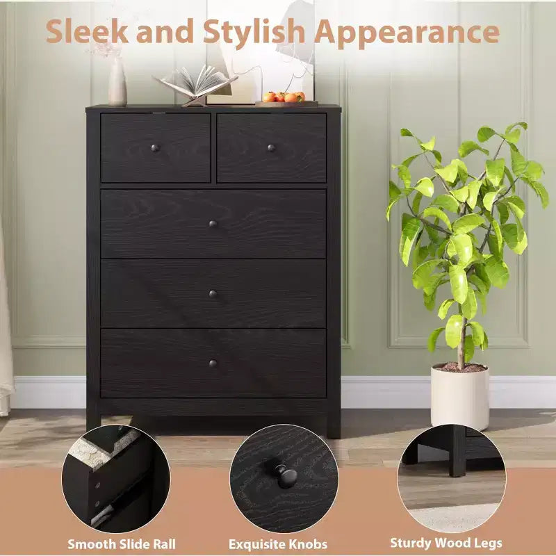 Garvee 5 Drawer Dresser for Bedroom, Modern Tall Dresser Organizer with Storage Drawers, Wooden Chests of Drawers for Bedroom, Entryway, Hallway